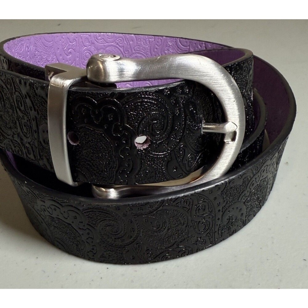 ROBERT GRAHAM Black Purple Leather Reversible Belt Paisley Golf Size 50/52